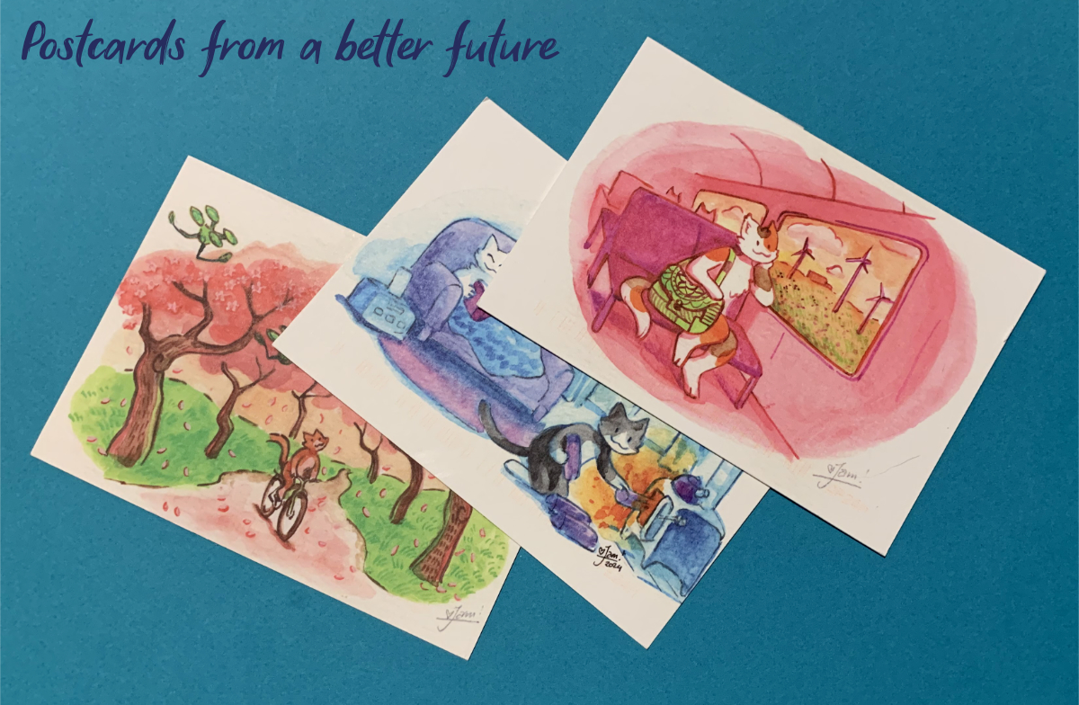 A photo of three postcards featuring watercolour illustrations. Postcards from a Better Future.