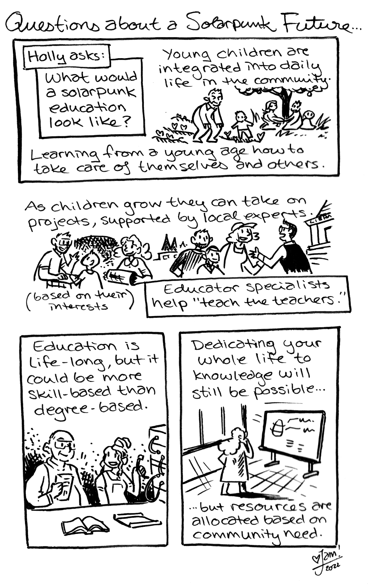 a black and white comic explaining a concept for Solarpunk education